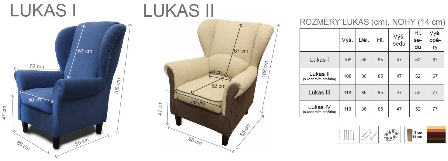 Křeslo LUKAS – varianty a rozměry